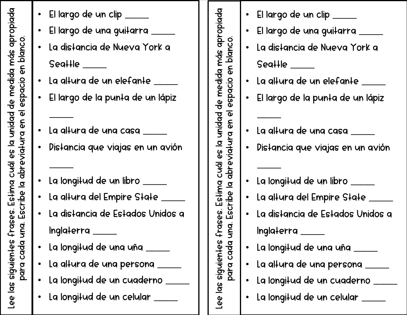 tabla de sistema métrico simple para niños